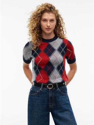 Tommy Hilfiger Womens Short-Sleeve Argyle Crewneck Sweater - Navy Argyle - XS