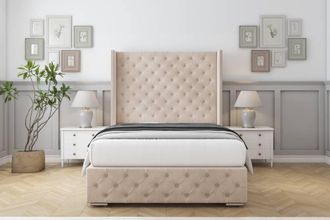 Sloomy Arundel Naples Frame-Mattress - 50 Upholstered Wingback Headboard in Light Sand | Size: Small Double