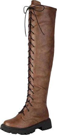 Generic Womens Classic Over The Knee Boots Round Toe Medium Chunky Heel Platform With Side Zipper And Lace Up Detail