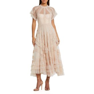 Mac Duggal Flutter Sleeve Micro Ruffle Mesh Midi Dress in Blush at Nordstrom, Size 10
