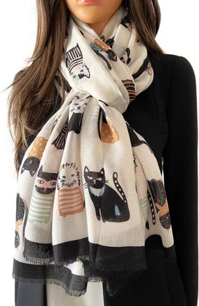 The Accessory Co. Cat Print Womens Scarf - Lightweight Cotton Shawl Wrap, Fun Cat Design, Ideal for Spring, Summer, Autumn & Winter - Perfect for Birthdays, Mothers Day