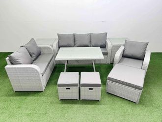Fimous Patio Dining Table & Chairs Set with Reclining Chair 2 Side Table in Light Grey
