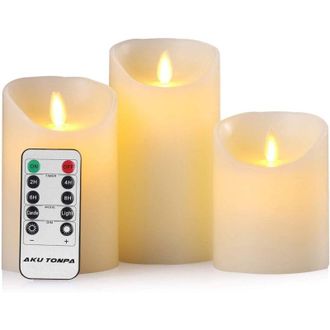 OEM Juego De 3 Velas Led Sin Llama, A Pilas, De Cera Aut&eacute;ntica, Con Mecha M&oacute;vil Y Mando A Distancia Con Temporizador De 24 Horas (ancho X Alto: 7,5 X 10/1