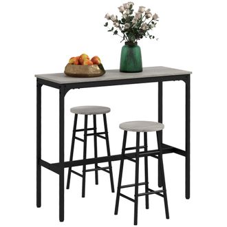 HOMCOM 3 Piece Bar Table Set with 2 Stools - Industrial Bar Table and Stool Set - Dining Table and Chair Set for Small Space - Grey | TJ Hughes