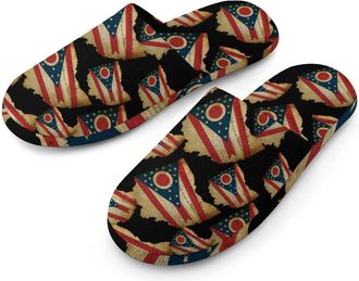 Generic U.S. Ohio State Map Flag Flannel Mens Slip-on Slippers Winter Warm House Shoes with Rubber Sole for Home Hotel