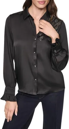 DKNY Animal Heat Set Studs Satin Button-Up Shirt in Black at Nordstrom, Size X-Small