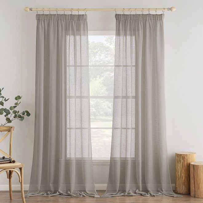 Leinenoptik Vorhang Mit Blatt-Druck – Dekoschal Halbtransparent, BxH 140x145 Cm, Mit Kräuselband, Grün