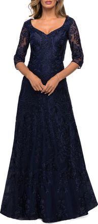 La Femme Embroidered Floral A-Line Gown in Navy at Nordstrom, Size 18