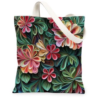 Generic Spring Quilting Paper Geranium Flower Canvas Tote Bag for Shopping 13x15, Floral Wildflower Reusable Grocery Print Bag for Women Men, Garden Aesthetic