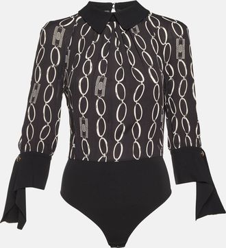 Elisabetta Franchi Black Logo Chain Print Crepe Long Sleeve Bodysuit