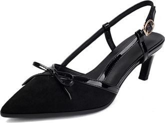 Generic Womens Pointed Toe Slingback Heels Two-Tone Fabric with Patent Trim Bow Accent Adjustable Buckle Strap Kitten Heel Dress Shoes Lightweight Soft Insole