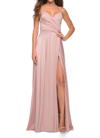 La Femme Jersey V-Neck Open Back Slit Dress In Mauve