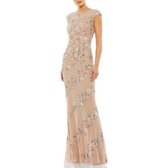 Mac Duggal Womens Floral Embellished Cap Sleeve Sheath Gown in Nude Silver at Nordstrom, Size 14