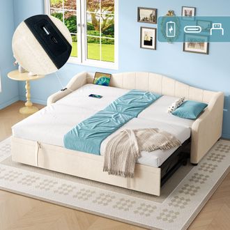 Matteo Beige Velvet Upholstered 3ft Single Daybed with Pull-Out Trundle & USB Charging Station - Ideal Sofa Bed