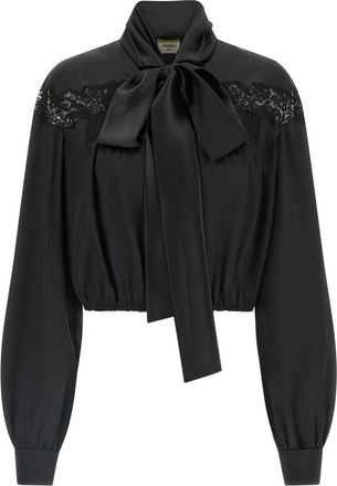 Saint Laurent Lace Lavalli&egrave;re Silk Blouse - female - Saint Laurent - Blouses - Black - S - Blouses & Shirts