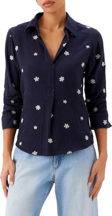 Karen Kane Embroidered Ruched Sleeve Cotton Gauze Shirt in Navy at Nordstrom, Size Medium