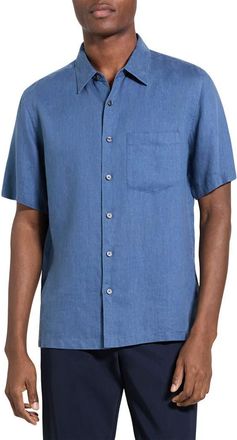 Theory Irving Solid Short Sleeve Linen Button-Up Shirt in Bering at Nordstrom, Size Xx-Large
