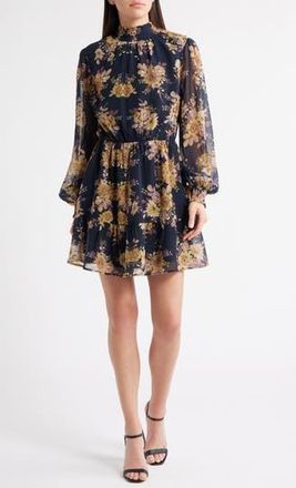 Lost + Wander Water Lily Floral Mock Neck Long Sleeve Dress in Black Yellow at Nordstrom Rack, Size Medium