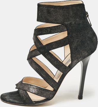 Jimmy Choo London Black Glitter Suede Strappy Sandals