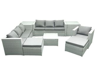 Fimous Wicker PE Rattan Sofa Garden Furniture Set with Armchair Square Coffee Table 2 Big Footstools 2 Side Tables Light Grey Mixed