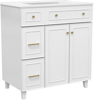 STILVORA Mueble Bajo Lavabo Con 1 Puerta Y Cajones, Lavabo De Ceramica, Superficie Lacada, Patas De Madera Maciza, Bano, Mdf, Blanco