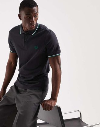 Fred Perry Polo blu navy con righe a contrasto e bordi verde-azzurro-Grigio