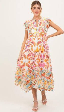 Pinkblush Colorblock Floral Tassel Front Tie Dress in Orange at Nordstrom, Size Medium