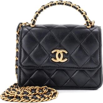 Chanel Woven Top Handle CC Flap Clutch on Chain Quilted Lambskin Small satchel - women - Calf Leather - One Size - Black