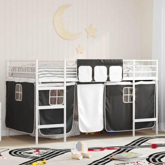 vidaXL KidsLoft Bed Frame with Curtains White and Black vidaXL
