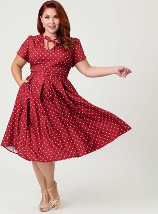 Unique Vintage Plus Size Short Petal Sleeve Tie Neck Dahlia Swing Dress in Red & Ivory Dot at Nordstrom, Size 4X