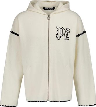 Palm Angels Monogram Rits Wol Jack - Heren - Vesten met rits - Wit - S - Wol - Hoodies & sweatvesten