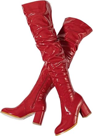 Generic Women Over Knee Patent Leather Boots Round Toe Thick Heel Side Zipper Casual Long Boot