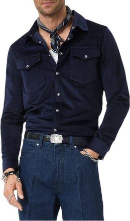 John Varvatos Andres Western Herringbone Faux Suede Snap-Up Shirt in Navy at Nordstrom, Size X-Small