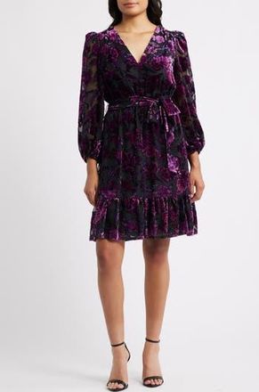 Eliza J Ruffle Floral Burnout Long Sleeve Fit & Flare Cocktail Dress in Black Wild Berry at Nordstrom Rack, Size 18 (Similar To 14W)