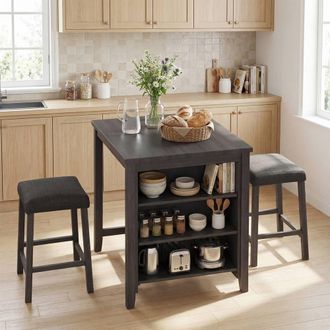 Costway Costway 3PCS Bar Table Set Kitchen Dining Table w/ 2 Stools & Power Outlet in Black