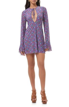 AFRM Kori Floral Cutout Bell Sleeve Mesh Minidress in Retro Ditsy at Nordstrom, Size X-Small