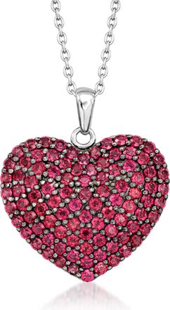 Ross-Simons Rhodolite Garnet and White Topaz Reversible Puffed Heart Pendant Necklace in Sterling Silver