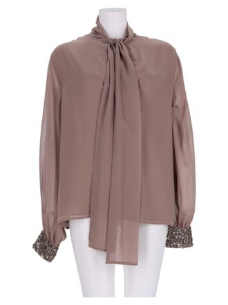 P.A.R.O.S.H. Beige Flowing Beaded Cuff Tie-Neck Blouse