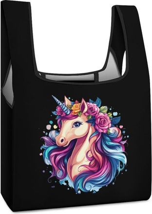 Generic Flower Un-icorn Shopping Bag Reusable Grocery Tote Bag Foldable Handbag for Travel Picnic