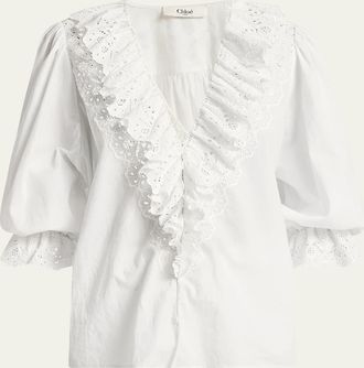 Chlo&eacute; Eyelet-Embroidered Ruffle Cotton Voile Blouse