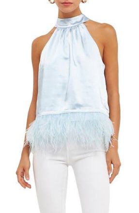 endless rose Feather Trim Satin Halter Top in Ocean Blue at Nordstrom Rack, Size Small