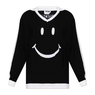 Moschino V-neck Knitwear, male, Black, Size: XL X Smiley Polo Sweater