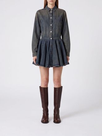 Haikure Cotton Denim Mini Shirtdress with Flared Skirt