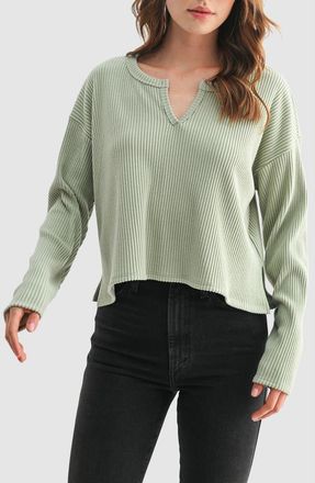 Lush Split Neck Long Sleeve Ribbed Top in Sage at Nordstrom Rack, Size X-Small