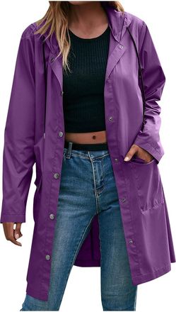 Generic Ladies Hooded Raincoat Drawstring Zipper Jackets Waterproof Windbreaker Lightweight Plus Size Sunscreen Hiking Cycling Rain Coats, B-Purple, 3XL