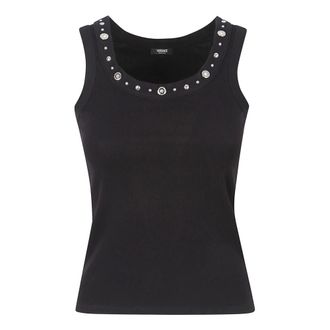 Versace Sleeveless Tops, female, Black, Size: XS Embellished Ribbed Cotton-Jersey Top