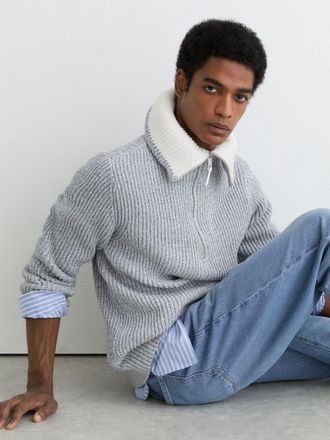 Reiss Soft Blue Twist Cotton-blend Rib-knit Half-zip Jumper, Xxl