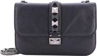 Valentino Garavani Valentino Black Sheep Leather Glam Lock Shoulder Bag Medium (Authentic Pre- Loved)