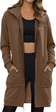 Generic Hoodies For Women Longline Solid Thin Fleece Hoody Jackets Full Zip Up Ladies Oversized Hooded Sweatshirts Coat With ockets Autunm Winter Spring Suita