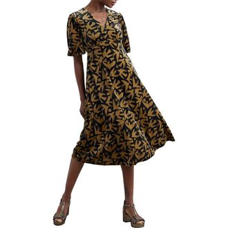 Seasalt Cornwall Hendra Floral Print Puff Sleeve Velvet Dress in Paper Birds Onyx at Nordstrom, Size 14 Us